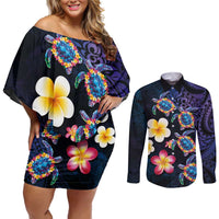 Hawaiian Turtles and Plumeria Couples Matching Off Shoulder Short Dress and Long Sleeve Button Shirt Polynesian Art Tribal Tattoo Dark Aqua Color LT03 Blue - Polynesian Pride