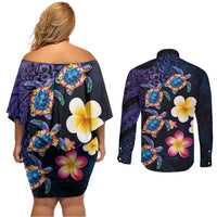 Hawaiian Turtles and Plumeria Couples Matching Off Shoulder Short Dress and Long Sleeve Button Shirt Polynesian Art Tribal Tattoo Dark Aqua Color LT03 - Polynesian Pride