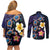 Hawaiian Turtles and Plumeria Couples Matching Off Shoulder Short Dress and Long Sleeve Button Shirt Polynesian Art Tribal Tattoo Dark Aqua Color