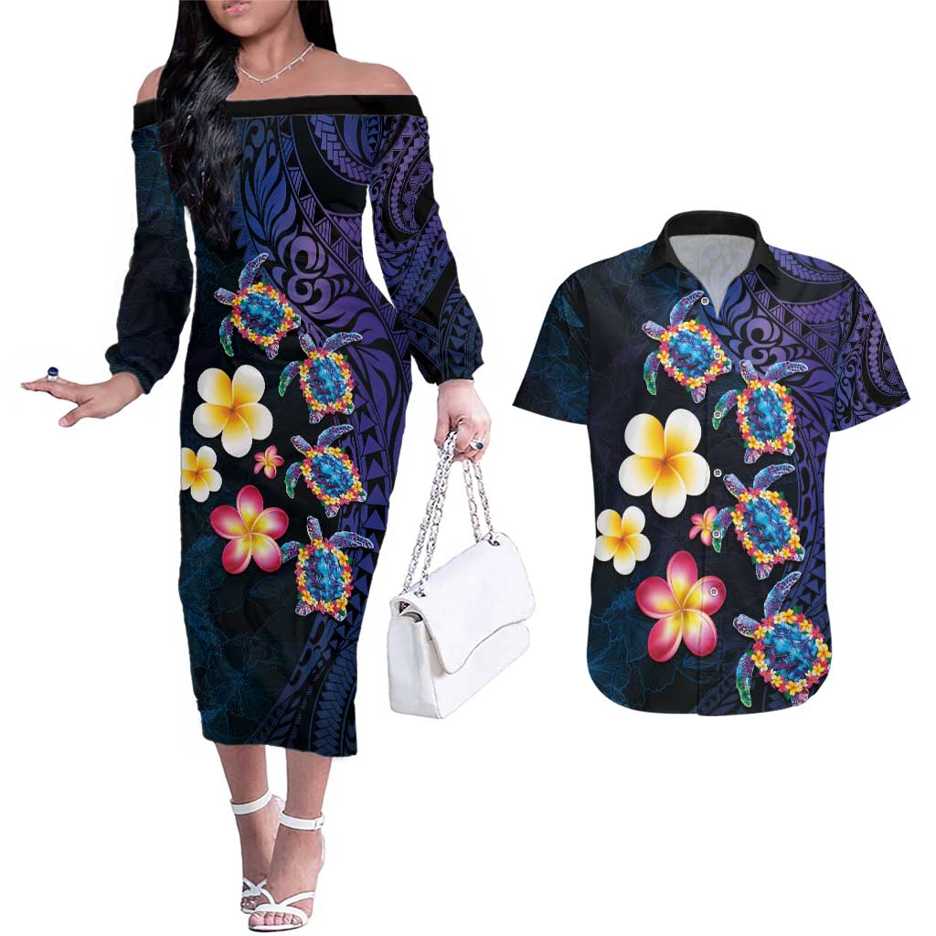 Hawaiian Turtles and Plumeria Couples Matching Off The Shoulder Long Sleeve Dress and Hawaiian Shirt Polynesian Art Tribal Tattoo Dark Aqua Color