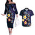 Hawaiian Turtles and Plumeria Couples Matching Off The Shoulder Long Sleeve Dress and Hawaiian Shirt Polynesian Art Tribal Tattoo Dark Aqua Color