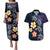 Hawaiian Turtles and Plumeria Couples Matching Puletasi and Hawaiian Shirt Polynesian Art Tribal Tattoo Dark Aqua Color