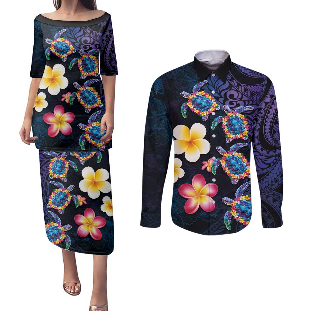 Hawaiian Turtles and Plumeria Couples Matching Puletasi and Long Sleeve Button Shirt Polynesian Art Tribal Tattoo Dark Aqua Color LT03 Blue - Polynesian Pride