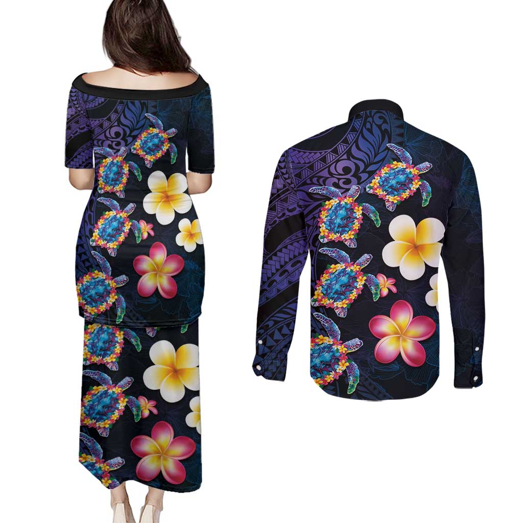 Hawaiian Turtles and Plumeria Couples Matching Puletasi and Long Sleeve Button Shirt Polynesian Art Tribal Tattoo Dark Aqua Color LT03 - Polynesian Pride