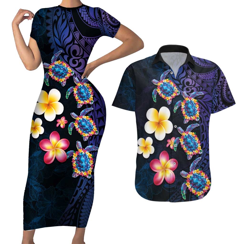 Hawaiian Turtles and Plumeria Couples Matching Short Sleeve Bodycon Dress and Hawaiian Shirt Polynesian Art Tribal Tattoo Dark Aqua Color