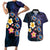 Hawaiian Turtles and Plumeria Couples Matching Short Sleeve Bodycon Dress and Hawaiian Shirt Polynesian Art Tribal Tattoo Dark Aqua Color