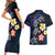 Hawaiian Turtles and Plumeria Couples Matching Short Sleeve Bodycon Dress and Hawaiian Shirt Polynesian Art Tribal Tattoo Dark Aqua Color