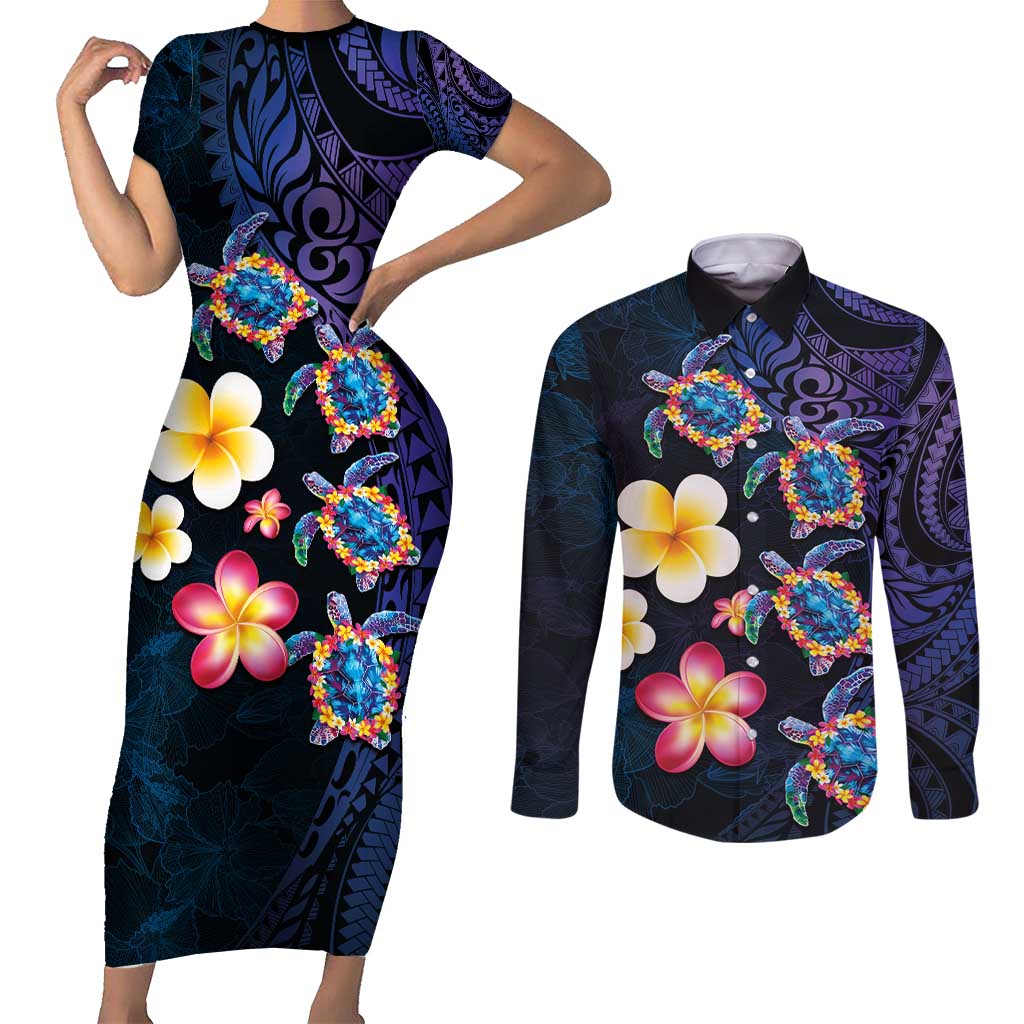 Hawaiian Turtles and Plumeria Couples Matching Short Sleeve Bodycon Dress and Long Sleeve Button Shirt Polynesian Art Tribal Tattoo Dark Aqua Color LT03 Blue - Polynesian Pride