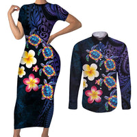 Hawaiian Turtles and Plumeria Couples Matching Short Sleeve Bodycon Dress and Long Sleeve Button Shirt Polynesian Art Tribal Tattoo Dark Aqua Color LT03 Blue - Polynesian Pride