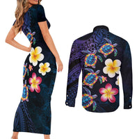 Hawaiian Turtles and Plumeria Couples Matching Short Sleeve Bodycon Dress and Long Sleeve Button Shirt Polynesian Art Tribal Tattoo Dark Aqua Color LT03 - Polynesian Pride