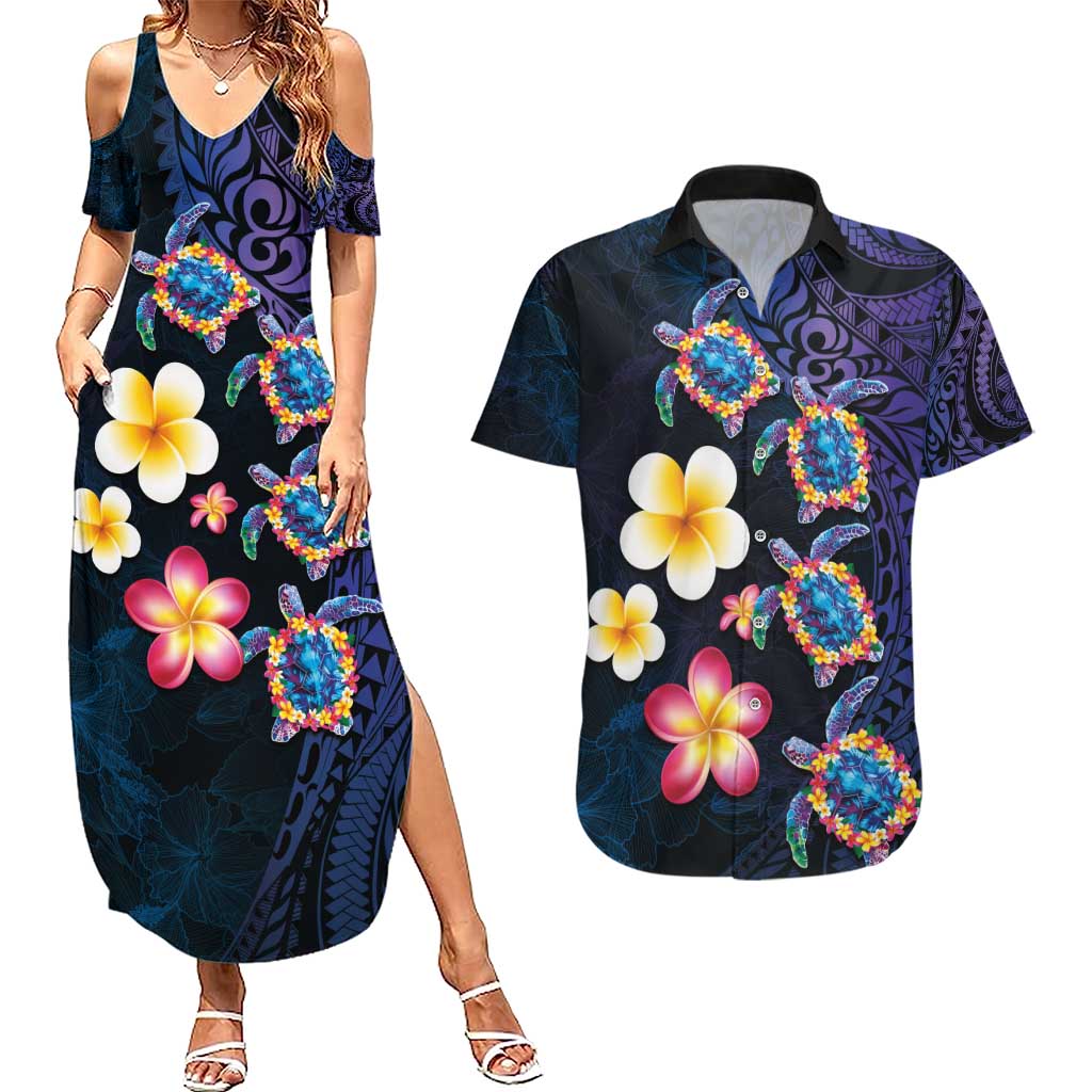 Hawaiian Turtles and Plumeria Couples Matching Summer Maxi Dress and Hawaiian Shirt Polynesian Art Tribal Tattoo Dark Aqua Color