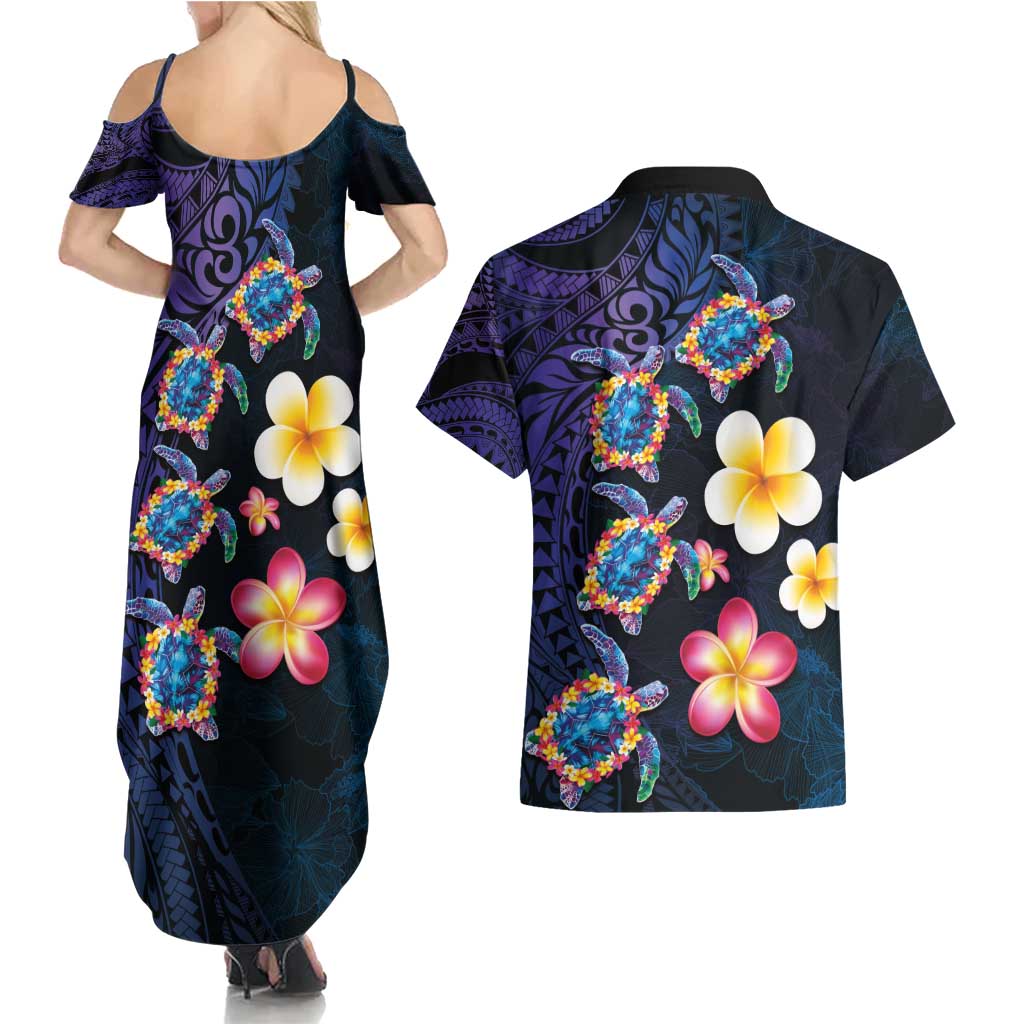 Hawaiian Turtles and Plumeria Couples Matching Summer Maxi Dress and Hawaiian Shirt Polynesian Art Tribal Tattoo Dark Aqua Color LT03 - Polynesian Pride