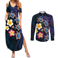 Hawaiian Turtles and Plumeria Couples Matching Summer Maxi Dress and Long Sleeve Button Shirt Polynesian Art Tribal Tattoo Dark Aqua Color LT03 Blue - Polynesian Pride