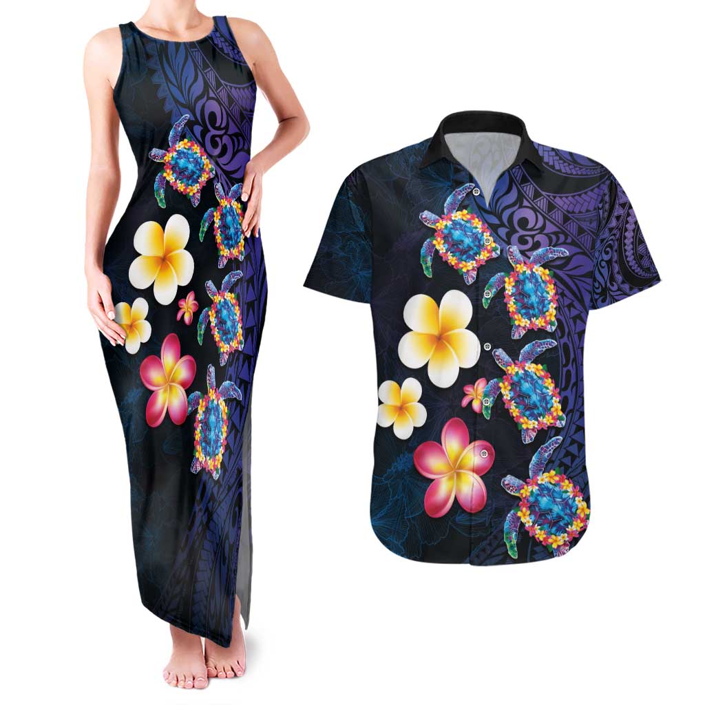 Hawaiian Turtles and Plumeria Couples Matching Tank Maxi Dress and Hawaiian Shirt Polynesian Art Tribal Tattoo Dark Aqua Color