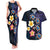 Hawaiian Turtles and Plumeria Couples Matching Tank Maxi Dress and Hawaiian Shirt Polynesian Art Tribal Tattoo Dark Aqua Color