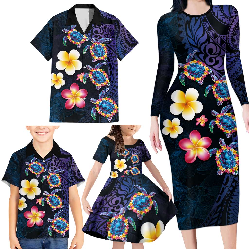 Hawaiian Turtles and Plumeria Family Matching Long Sleeve Bodycon Dress and Hawaiian Shirt Polynesian Art Tribal Tattoo Dark Aqua Color LT03 - Polynesian Pride