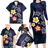 Hawaiian Turtles and Plumeria Family Matching Long Sleeve Bodycon Dress and Hawaiian Shirt Polynesian Art Tribal Tattoo Dark Aqua Color LT03 - Polynesian Pride