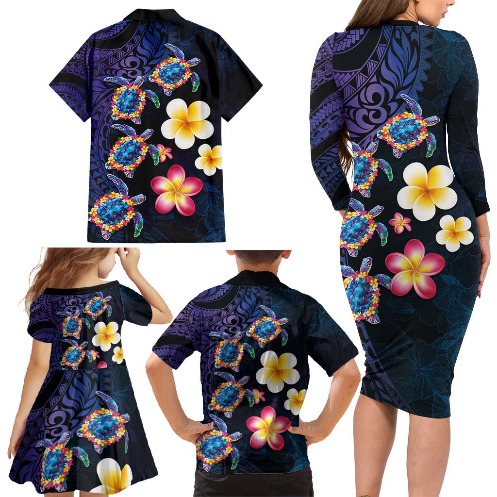 Hawaiian Turtles and Plumeria Family Matching Long Sleeve Bodycon Dress and Hawaiian Shirt Polynesian Art Tribal Tattoo Dark Aqua Color LT03 - Polynesian Pride