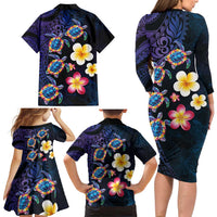Hawaiian Turtles and Plumeria Family Matching Long Sleeve Bodycon Dress and Hawaiian Shirt Polynesian Art Tribal Tattoo Dark Aqua Color LT03 - Polynesian Pride