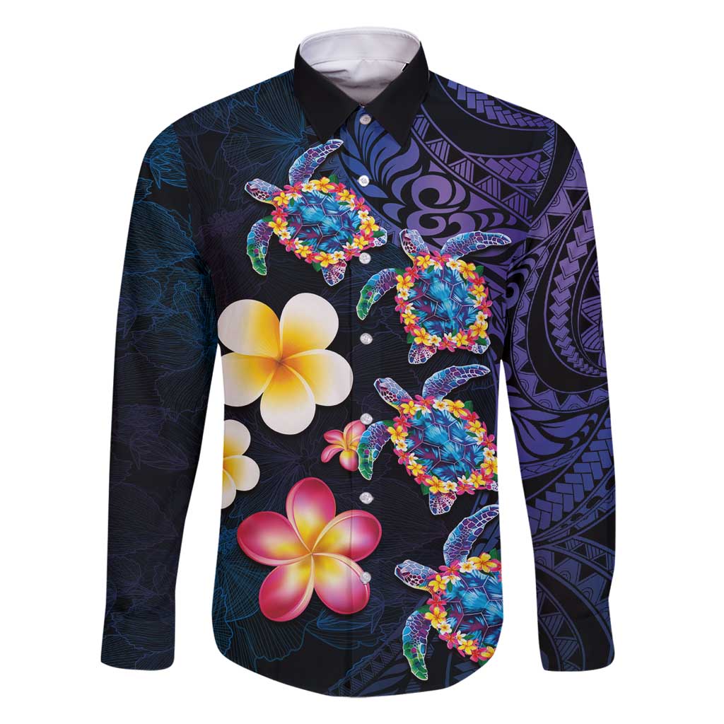 Hawaiian Turtles and Plumeria Family Matching Long Sleeve Bodycon Dress and Hawaiian Shirt Polynesian Art Tribal Tattoo Dark Aqua Color LT03 Dad's Shirt - Long Sleeve Blue - Polynesian Pride