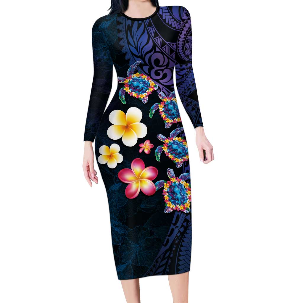 Hawaiian Turtles and Plumeria Family Matching Long Sleeve Bodycon Dress and Hawaiian Shirt Polynesian Art Tribal Tattoo Dark Aqua Color LT03 Mom's Dress Blue - Polynesian Pride