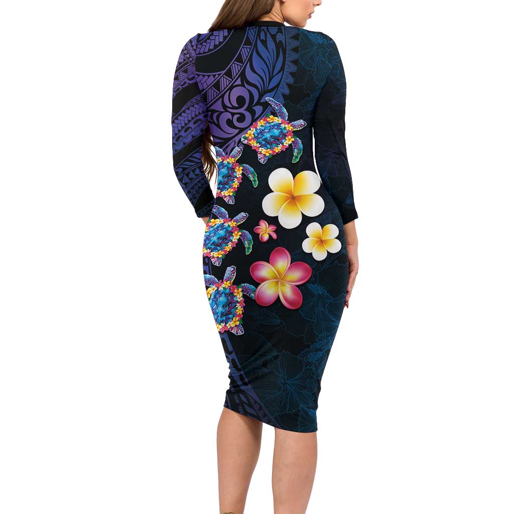 Hawaiian Turtles and Plumeria Family Matching Long Sleeve Bodycon Dress and Hawaiian Shirt Polynesian Art Tribal Tattoo Dark Aqua Color LT03 - Polynesian Pride