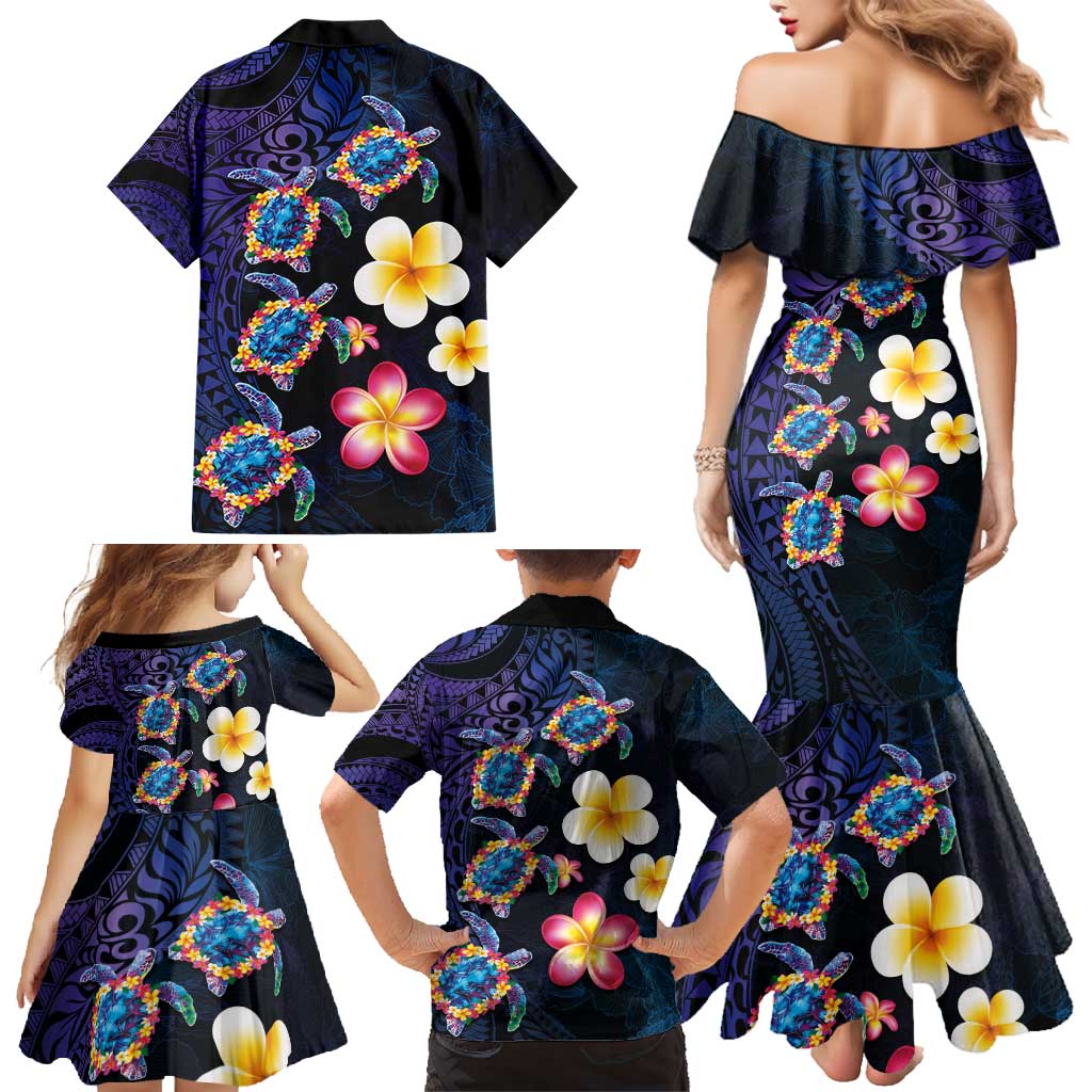Hawaiian Turtles and Plumeria Family Matching Mermaid Dress and Hawaiian Shirt Polynesian Art Tribal Tattoo Dark Aqua Color LT03 - Polynesian Pride