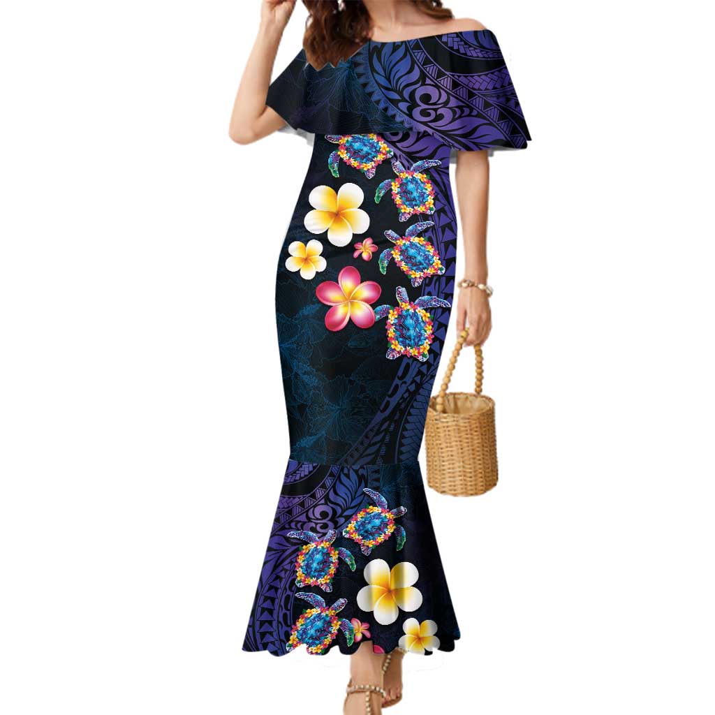 Hawaiian Turtles and Plumeria Family Matching Mermaid Dress and Hawaiian Shirt Polynesian Art Tribal Tattoo Dark Aqua Color LT03 Mom's Dress Blue - Polynesian Pride