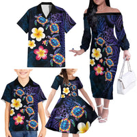 Hawaiian Turtles and Plumeria Family Matching Off The Shoulder Long Sleeve Dress and Hawaiian Shirt Polynesian Art Tribal Tattoo Dark Aqua Color LT03 - Polynesian Pride