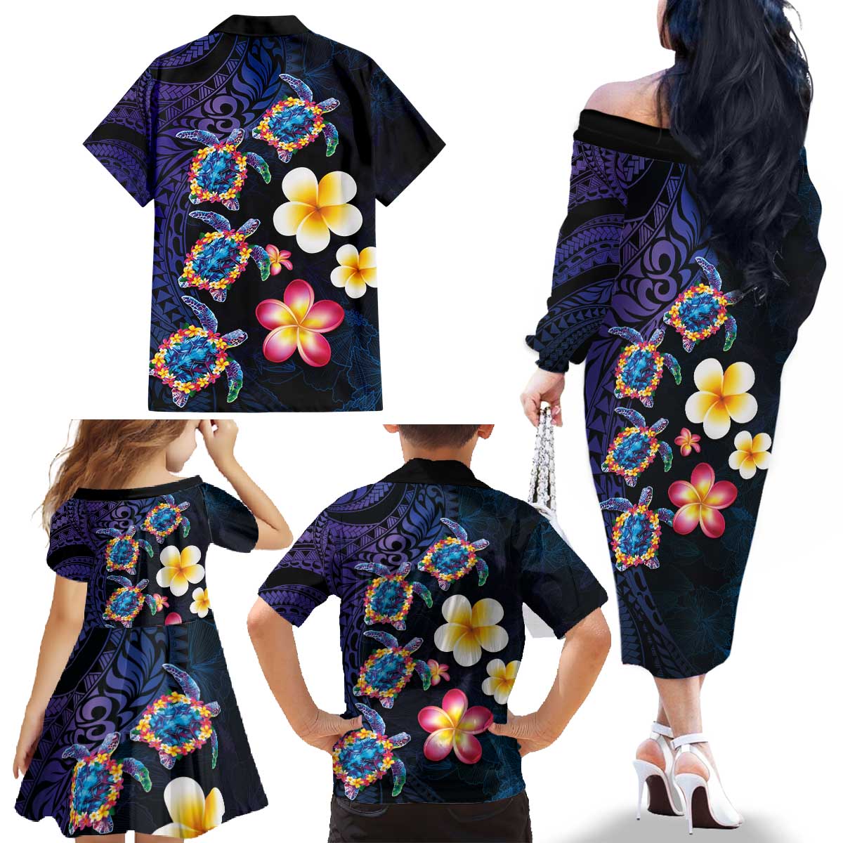 Hawaiian Turtles and Plumeria Family Matching Off The Shoulder Long Sleeve Dress and Hawaiian Shirt Polynesian Art Tribal Tattoo Dark Aqua Color LT03 - Polynesian Pride