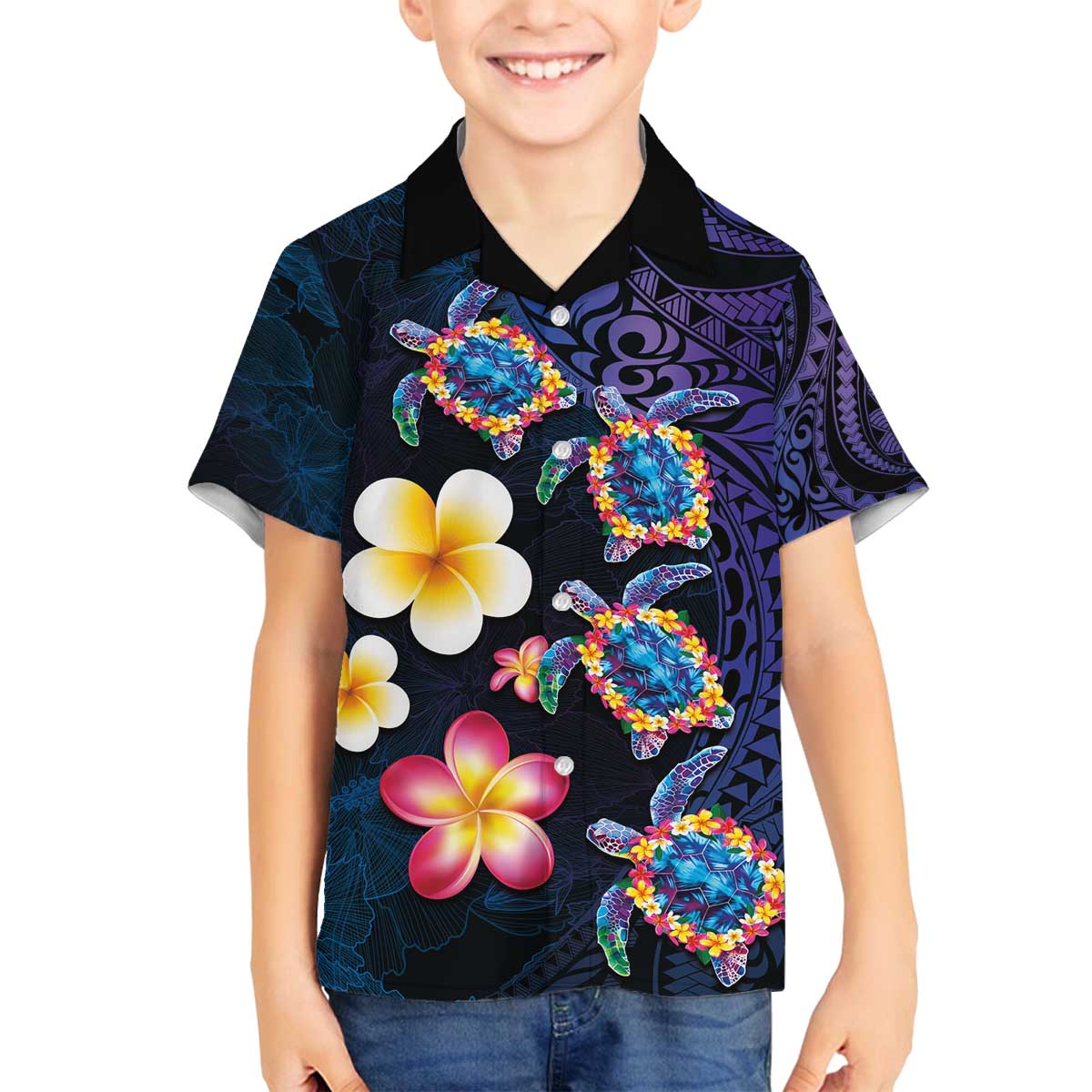 Hawaiian Turtles and Plumeria Family Matching Off The Shoulder Long Sleeve Dress and Hawaiian Shirt Polynesian Art Tribal Tattoo Dark Aqua Color LT03 Son's Shirt Blue - Polynesian Pride