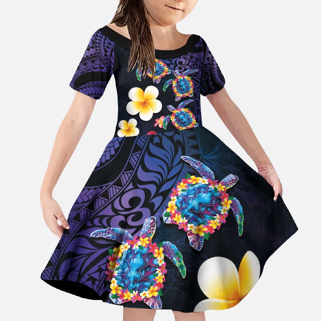 Hawaiian Turtles and Plumeria Family Matching Off Shoulder Maxi Dress and Hawaiian Shirt Polynesian Art Tribal Tattoo Dark Aqua Color LT03 Daughter's Dress Blue - Polynesian Pride