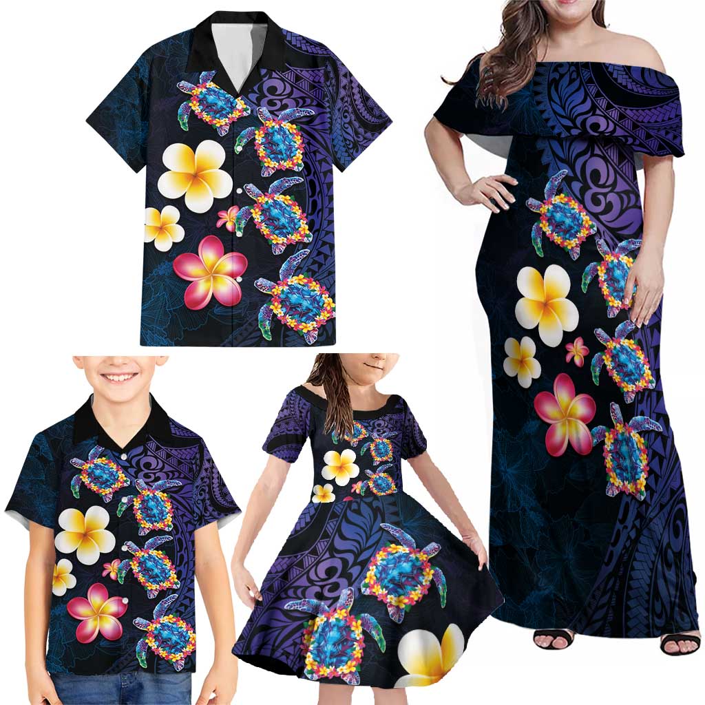 Hawaiian Turtles and Plumeria Family Matching Off Shoulder Maxi Dress and Hawaiian Shirt Polynesian Art Tribal Tattoo Dark Aqua Color LT03 - Polynesian Pride