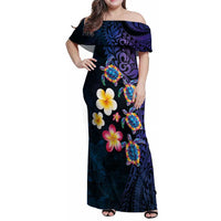 Hawaiian Turtles and Plumeria Family Matching Off Shoulder Maxi Dress and Hawaiian Shirt Polynesian Art Tribal Tattoo Dark Aqua Color LT03 Mom's Dress Blue - Polynesian Pride