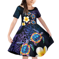 Hawaiian Turtles and Plumeria Family Matching Off Shoulder Short Dress and Hawaiian Shirt Polynesian Art Tribal Tattoo Dark Aqua Color LT03 Daughter's Dress Blue - Polynesian Pride