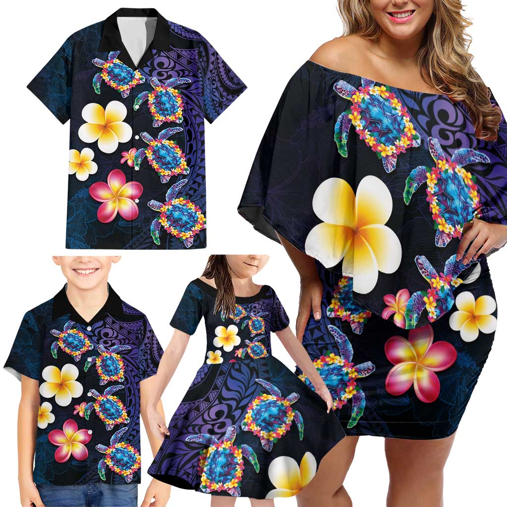 Hawaiian Turtles and Plumeria Family Matching Off Shoulder Short Dress and Hawaiian Shirt Polynesian Art Tribal Tattoo Dark Aqua Color LT03 - Polynesian Pride