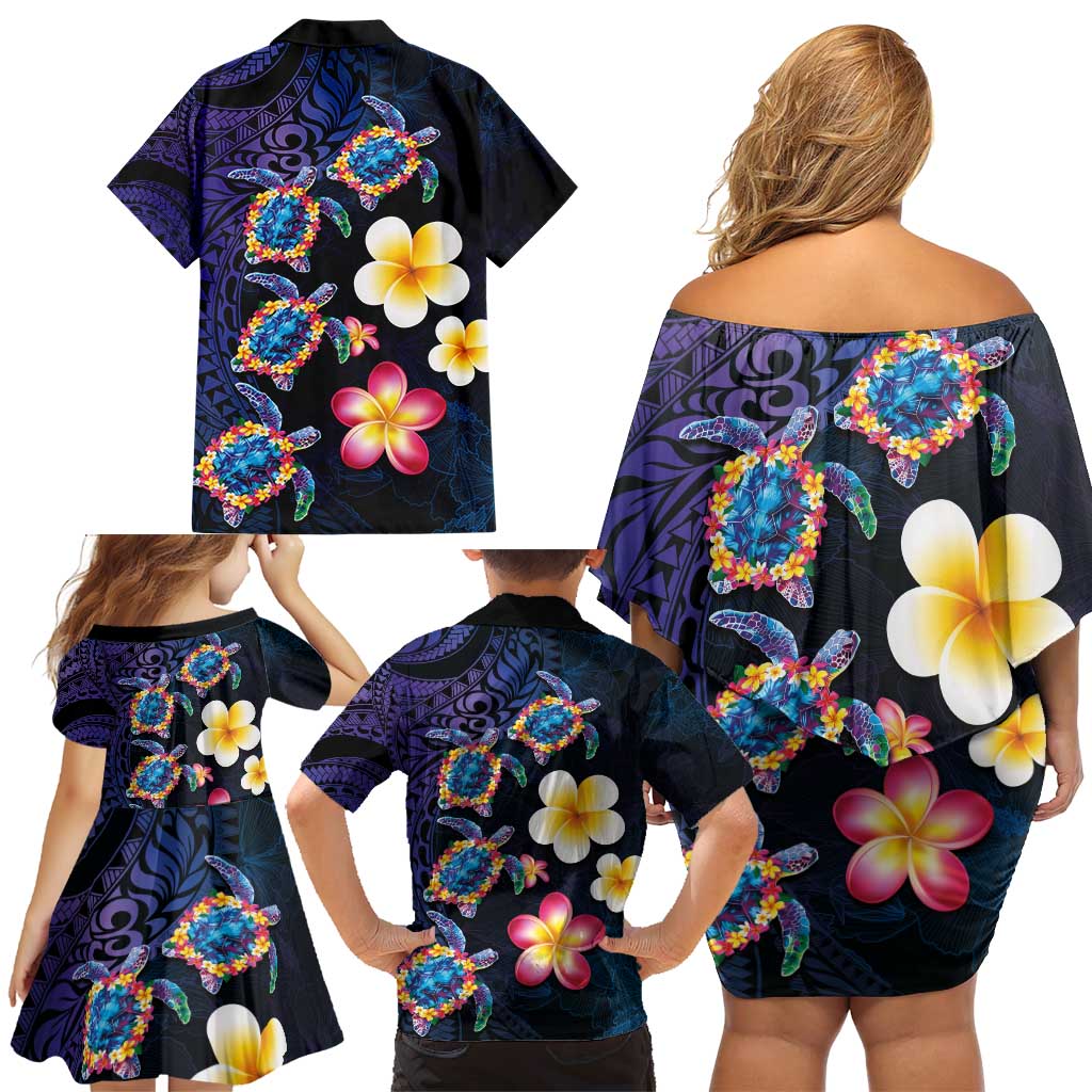 Hawaiian Turtles and Plumeria Family Matching Off Shoulder Short Dress and Hawaiian Shirt Polynesian Art Tribal Tattoo Dark Aqua Color LT03 - Polynesian Pride