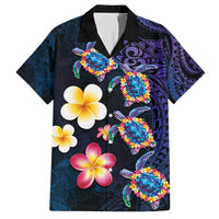 Hawaiian Turtles and Plumeria Family Matching Off Shoulder Short Dress and Hawaiian Shirt Polynesian Art Tribal Tattoo Dark Aqua Color LT03 Dad's Shirt - Short Sleeve Blue - Polynesian Pride