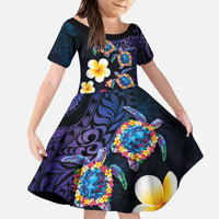 Hawaiian Turtles and Plumeria Family Matching Puletasi and Hawaiian Shirt Polynesian Art Tribal Tattoo Dark Aqua Color LT03 Daughter's Dress Blue - Polynesian Pride