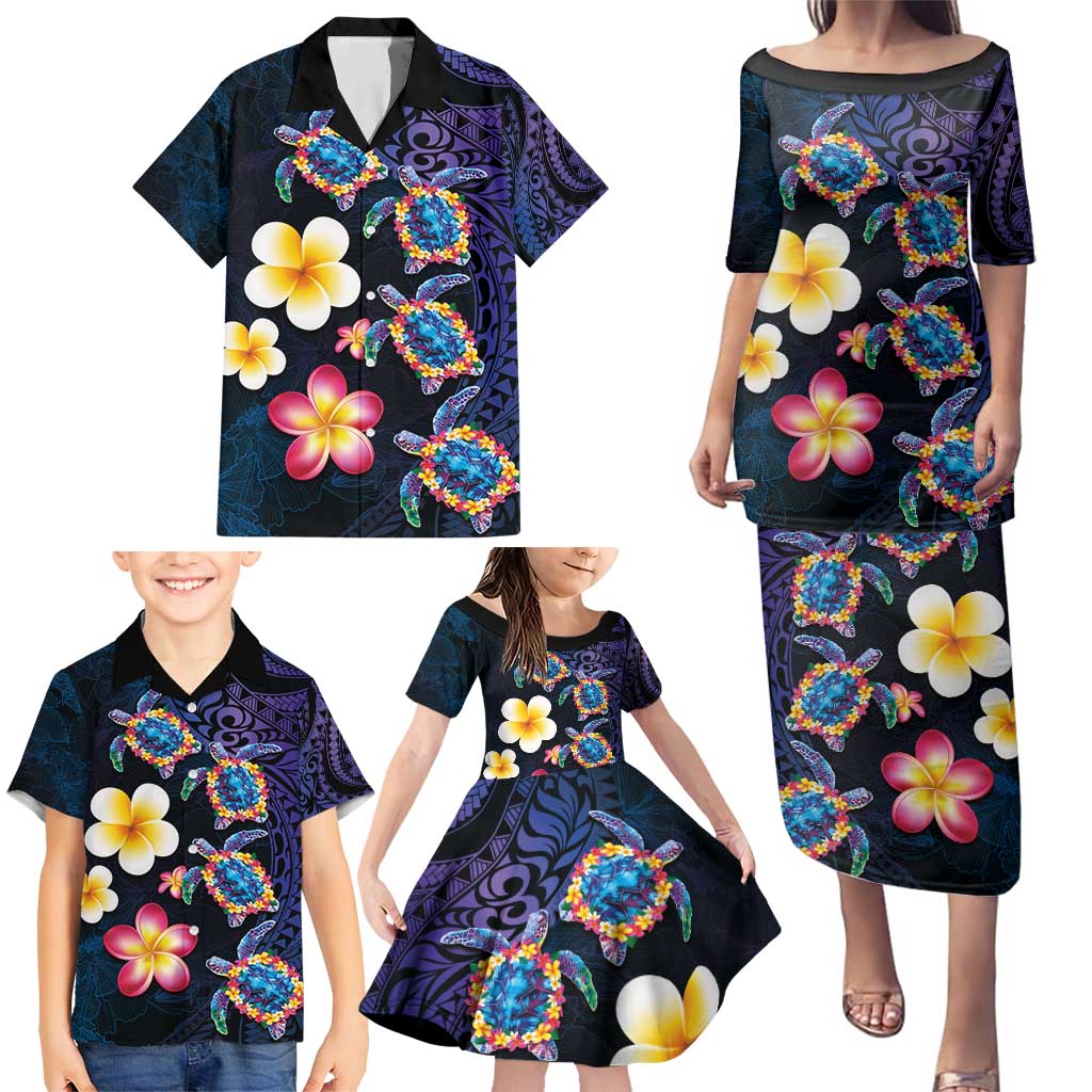 Hawaiian Turtles and Plumeria Family Matching Puletasi and Hawaiian Shirt Polynesian Art Tribal Tattoo Dark Aqua Color LT03 - Polynesian Pride