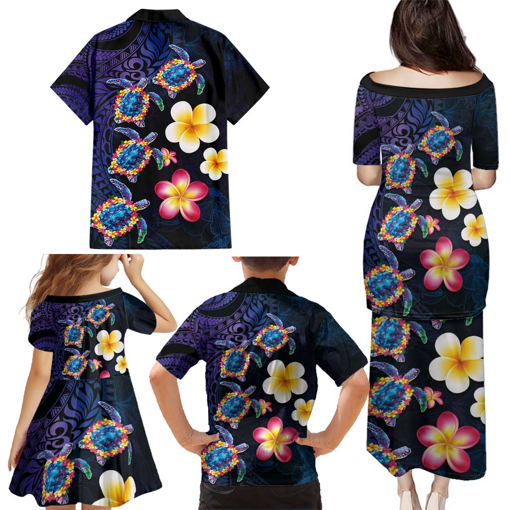 Hawaiian Turtles and Plumeria Family Matching Puletasi and Hawaiian Shirt Polynesian Art Tribal Tattoo Dark Aqua Color LT03 - Polynesian Pride