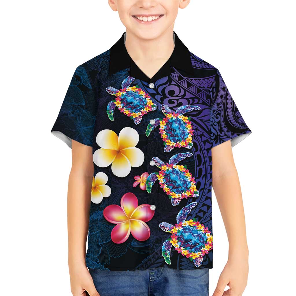 Hawaiian Turtles and Plumeria Family Matching Puletasi and Hawaiian Shirt Polynesian Art Tribal Tattoo Dark Aqua Color LT03 Son's Shirt Blue - Polynesian Pride