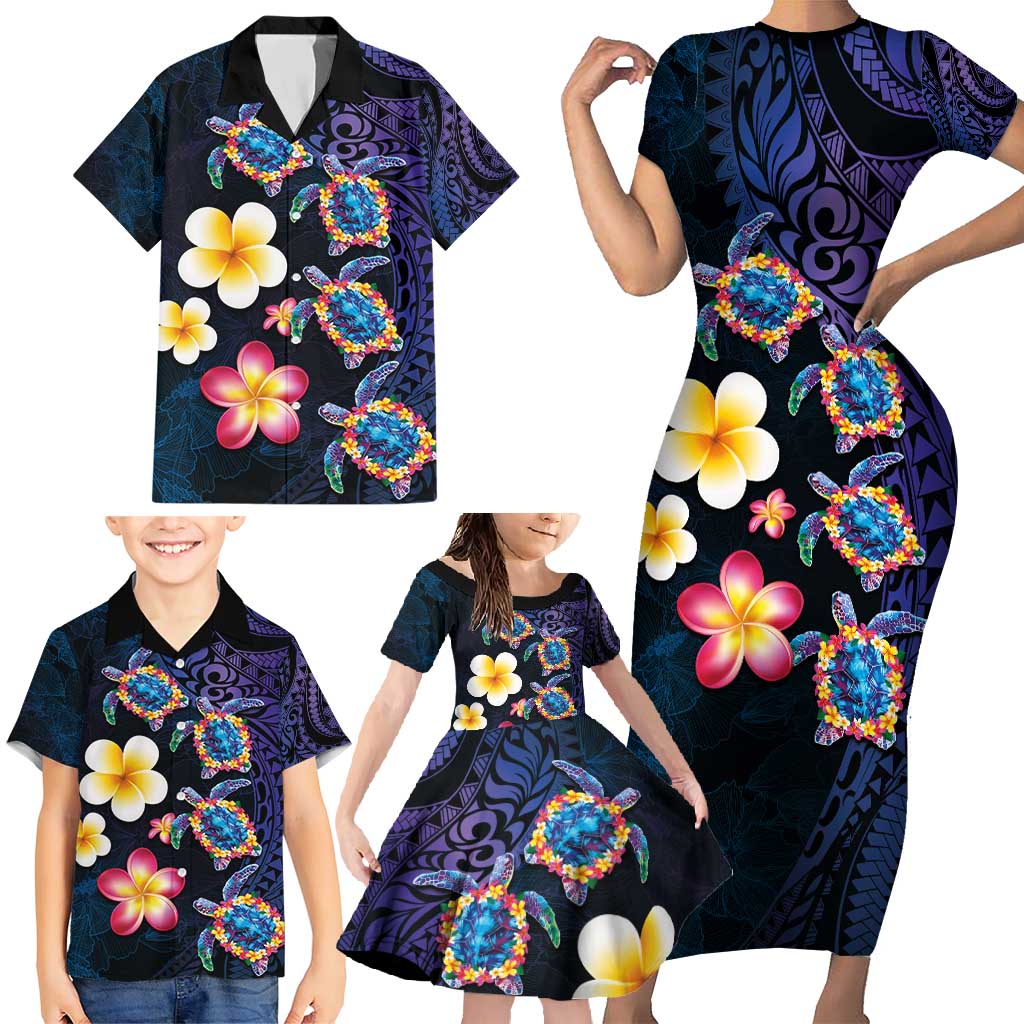 Hawaiian Turtles and Plumeria Family Matching Short Sleeve Bodycon Dress and Hawaiian Shirt Polynesian Art Tribal Tattoo Dark Aqua Color LT03 - Polynesian Pride