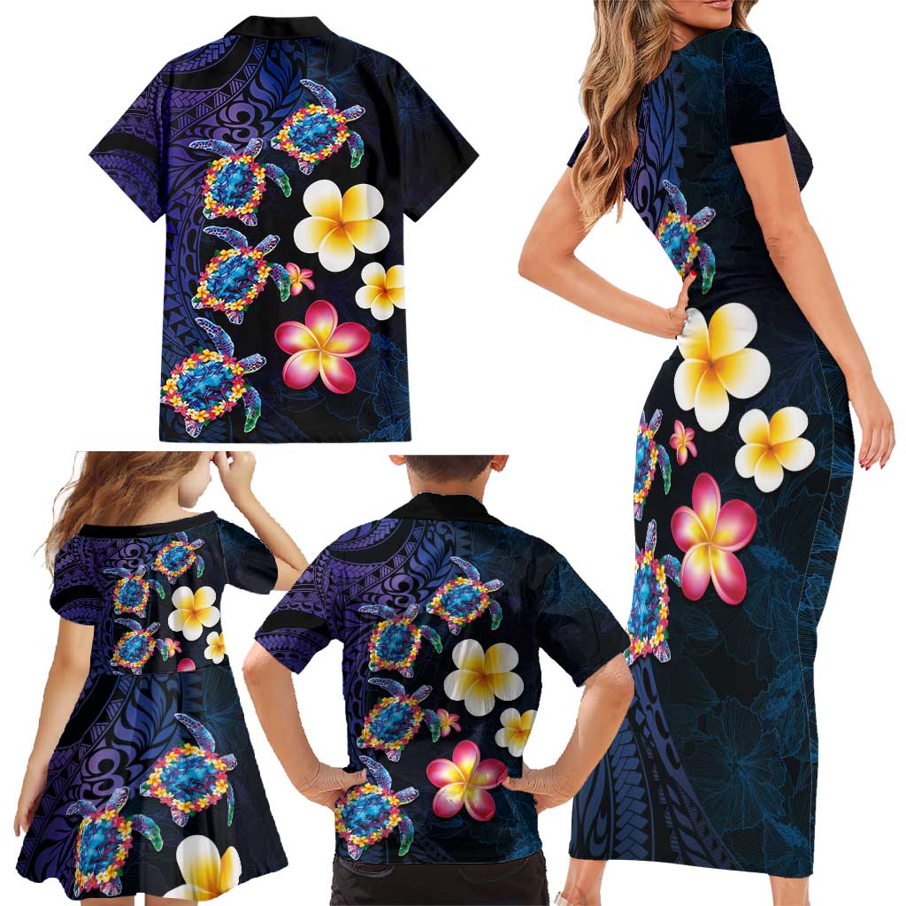 Hawaiian Turtles and Plumeria Family Matching Short Sleeve Bodycon Dress and Hawaiian Shirt Polynesian Art Tribal Tattoo Dark Aqua Color LT03 - Polynesian Pride
