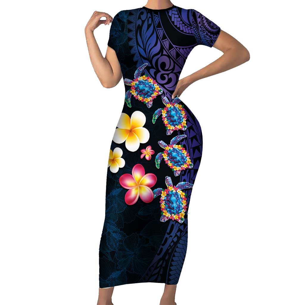 Hawaiian Turtles and Plumeria Family Matching Short Sleeve Bodycon Dress and Hawaiian Shirt Polynesian Art Tribal Tattoo Dark Aqua Color LT03 Mom's Dress Blue - Polynesian Pride