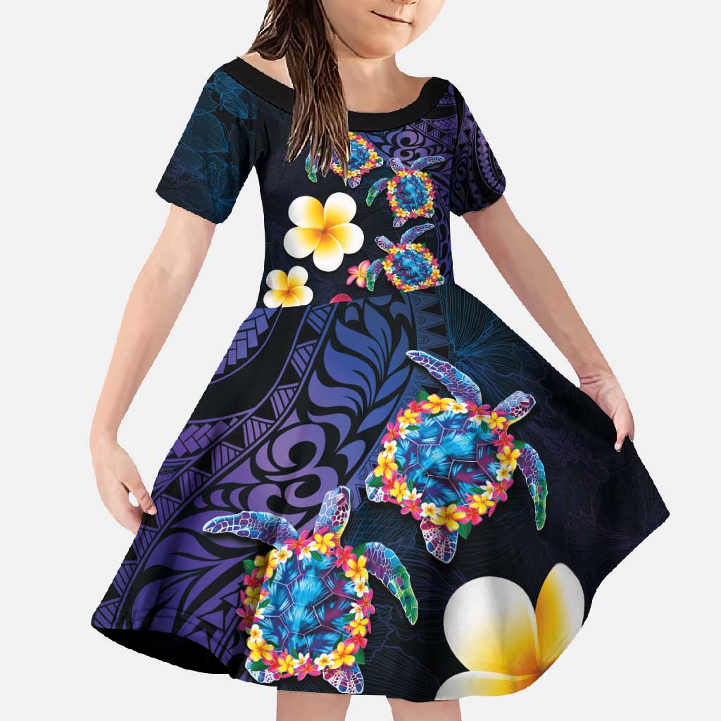 Hawaiian Turtles and Plumeria Family Matching Summer Maxi Dress and Hawaiian Shirt Polynesian Art Tribal Tattoo Dark Aqua Color LT03 Daughter's Dress Blue - Polynesian Pride