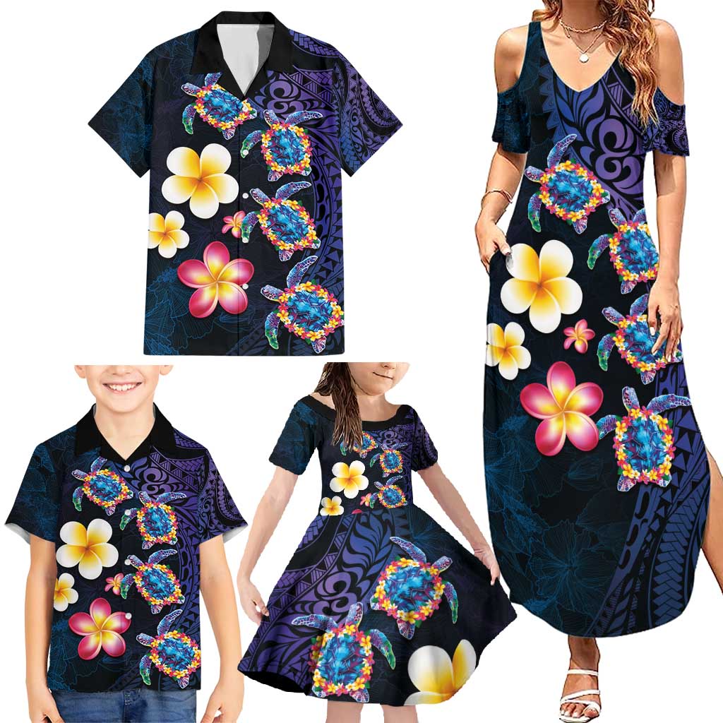 Hawaiian Turtles and Plumeria Family Matching Summer Maxi Dress and Hawaiian Shirt Polynesian Art Tribal Tattoo Dark Aqua Color LT03 - Polynesian Pride