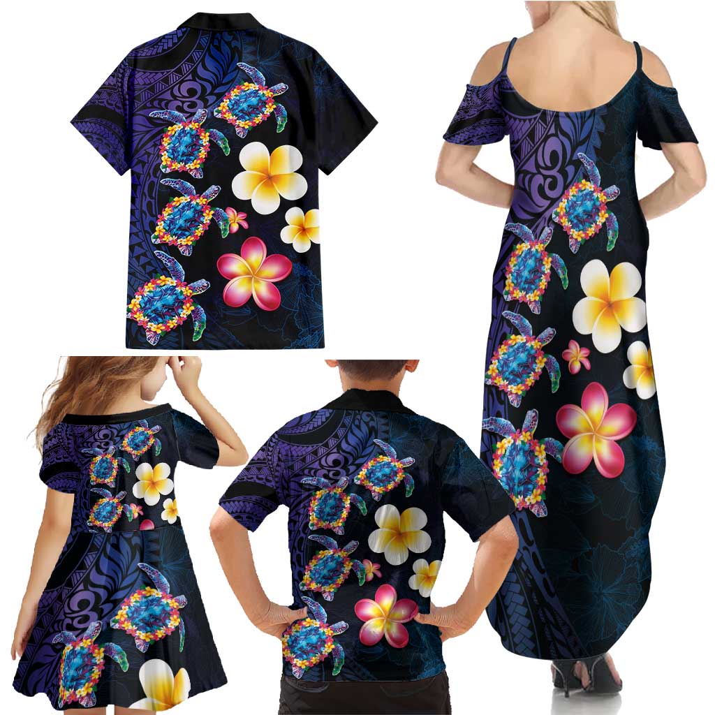 Hawaiian Turtles and Plumeria Family Matching Summer Maxi Dress and Hawaiian Shirt Polynesian Art Tribal Tattoo Dark Aqua Color LT03 - Polynesian Pride
