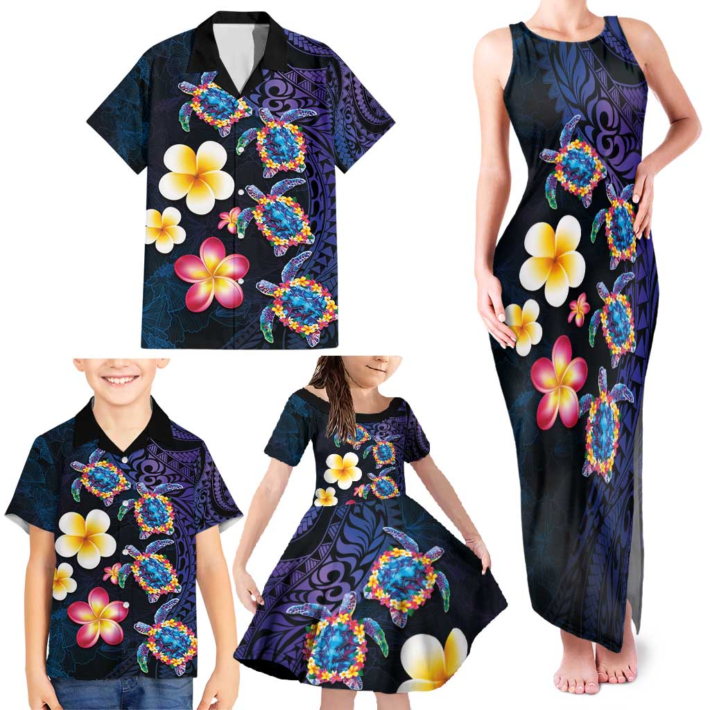 Hawaiian Turtles and Plumeria Family Matching Tank Maxi Dress and Hawaiian Shirt Polynesian Art Tribal Tattoo Dark Aqua Color LT03 - Polynesian Pride