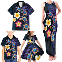 Hawaiian Turtles and Plumeria Family Matching Tank Maxi Dress and Hawaiian Shirt Polynesian Art Tribal Tattoo Dark Aqua Color LT03 - Polynesian Pride